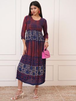 VISHUDH - Women Rust Printed Midi Dress