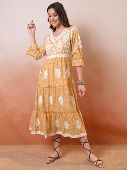 VISHUDH - Women Yellow Embroidered Midi Dress