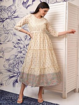 VISHUDH - Women Beige Floral Midi Dress with Belt (Set of 2)