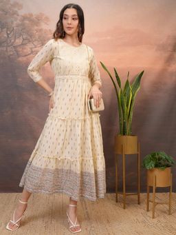 VISHUDH - Women Beige Floral Midi Dress with Belt (Set of 2)