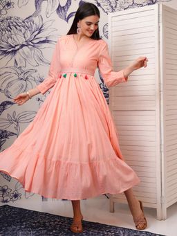 VISHUDH - Women Peach Embroidered Midi Dress