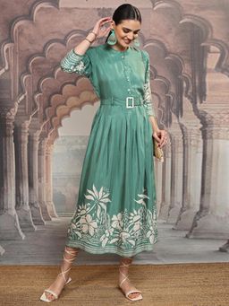VISHUDH - Women Teal Floral Midi Dress with Belt (Set of 2)