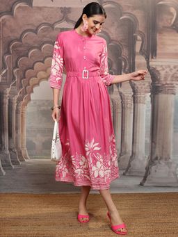 VISHUDH - Women Pink Floral Midi Dress with Belt (Set of 2)