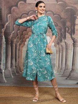 VISHUDH - Women Teal Floral Midi Dress