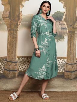 VISHUDH - Women Green Floral Midi Dress with Belt (Set of 2)