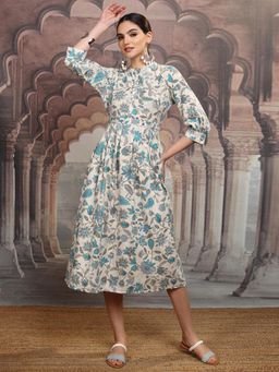 VISHUDH - Women Blue Floral Midi Dress with Belt (Set of 2)