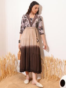 VISHUDH - Women Beige Floral Midi Dress with Belt (Set of 2)