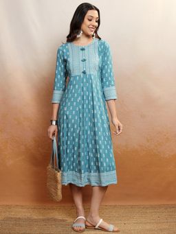 VISHUDH - Women Blue Printed Midi Dress