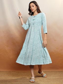 VISHUDH - Women Aqua Embroidered Midi Dress