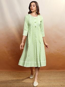 VISHUDH - Women Green Embroidered Midi Dress