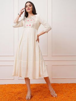 VISHUDH - Women Beige Embroidered Midi Dress