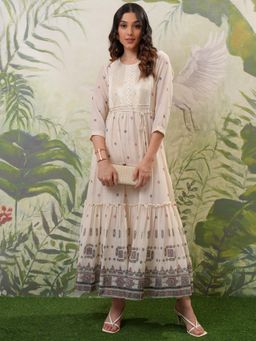VISHUDH - Women Beige Embroidered Midi Dress with Belt (Set of 2)