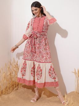 VISHUDH - Women Red Floral Midi Dress with Belt (Set of 2)