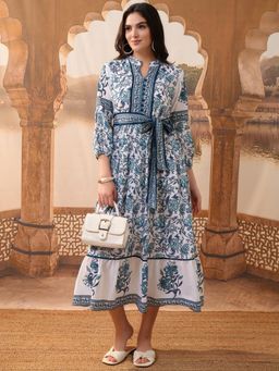 VISHUDH - Women Blue Floral Midi Dress with Belt (Set of 2)