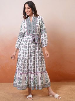 VISHUDH - Women Blue Floral Midi Dress with Belt (Set of 2)