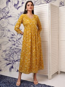 VISHUDH - Women Mustard Floral Midi Dress