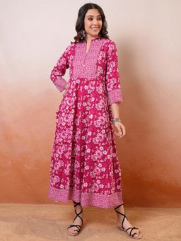 VISHUDH - Women Pink Floral Midi Dress