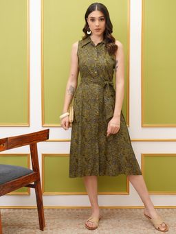 VISHUDH - Women Olive Floral Midi Dress