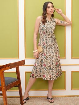 VISHUDH - Women Beige Floral Midi Dress