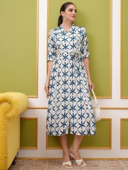 VISHUDH - Women White Printed Midi Dress with Belt (Set of 2)