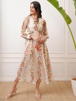 VISHUDH - Women Off White Floral Midi Dress with Belt (Set of 2)