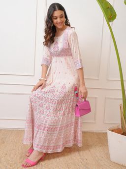 VISHUDH - Women Pink Floral Maxi Dress with Belt (Set of 2)