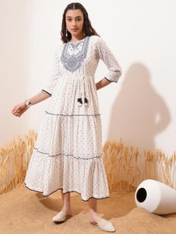 VISHUDH - Women Off White Printed Midi Dress