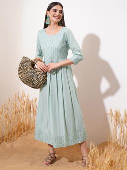 VISHUDH - Women Green Embroidered Midi Dress