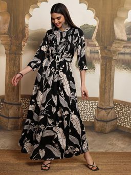 VISHUDH - Women Black Floral Midi Dress with Belt (Set of 2)