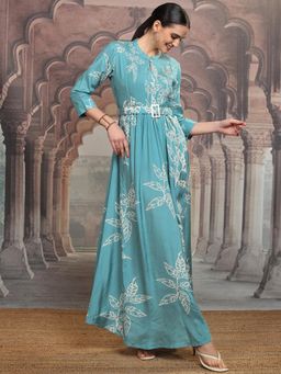 VISHUDH - Women Blue Floral Midi Dress with Belt (Set of 2)