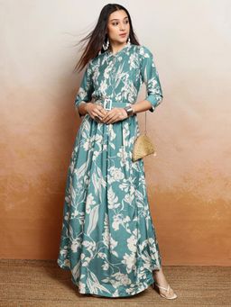 VISHUDH - Women Teal Floral Maxi Dress with Belt (Set of 2)