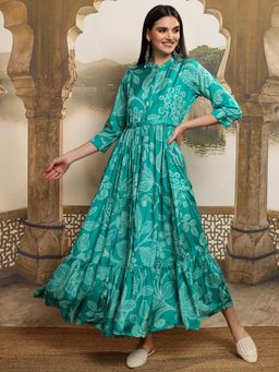 VISHUDH - Women Aqua Floral Maxi Dress with Belt (Set of 2)