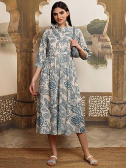 VISHUDH - Women Blue Floral Midi Dress with Belt (Set of 2)