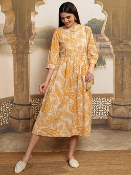 VISHUDH - Women Yellow Floral Midi Dress with Belt (Set of 2)