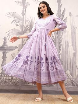 VISHUDH - Women Lavender Floral Midi Dress with Belt (Set of 2)