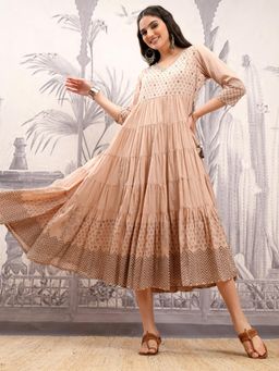 VISHUDH - Women Beige Floral Midi Dress