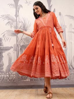 VISHUDH - Women Orange Floral Midi Dress with Belt (Set of 2)