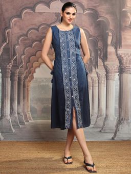 VISHUDH - Women Teal Embroidered Midi Dress