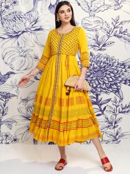 VISHUDH - Women Mustard Floral Midi Dress with Belt (Set of 2)