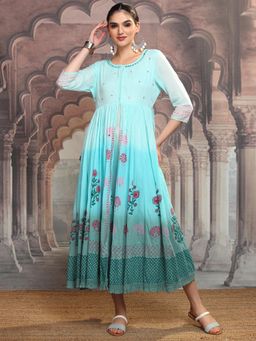 VISHUDH - Women Aqua Floral Midi Dress