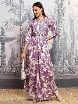 VISHUDH - Women Lavender Floral Maxi Dress with Belt (Set of 2)