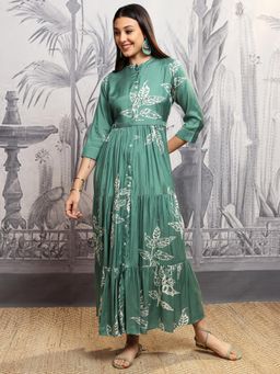 VISHUDH - Women Green Floral Maxi Dress with Belt (Set of 2)