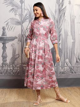 VISHUDH - Women Mauve Floral Midi Dress with Belt (Set of 2)