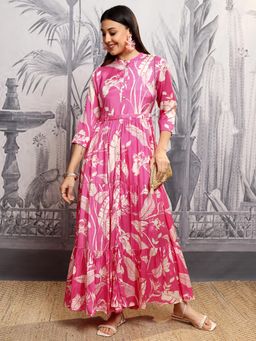 VISHUDH - Women Pink Floral Maxi Dress with Belt (Set of 2)