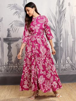 VISHUDH - Women Pink Floral Maxi Dress with Belt (Set of 2)