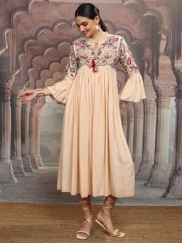 VISHUDH - Women Beige Embroidered Midi Dress