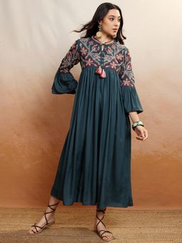 VISHUDH - Women Teal Embroidered Midi Dress