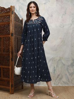 VISHUDH - Women Navy Blue Embroidered Midi Dress