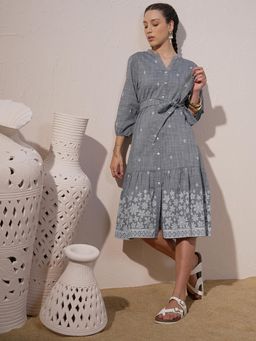 VISHUDH - Women Grey Printed Midi Dress with Belt (Set of 2)