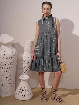 VISHUDH - Women Charcoal Printed Knee Length Dress